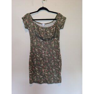 Floral Print Olive Green Bodycon Dress By Justify Milkmaid Puff Sleeve Large